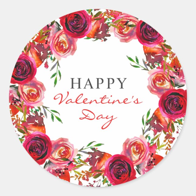 Romantic Valentine's Day Watercolor Floral Classic Round Sticker (Front)