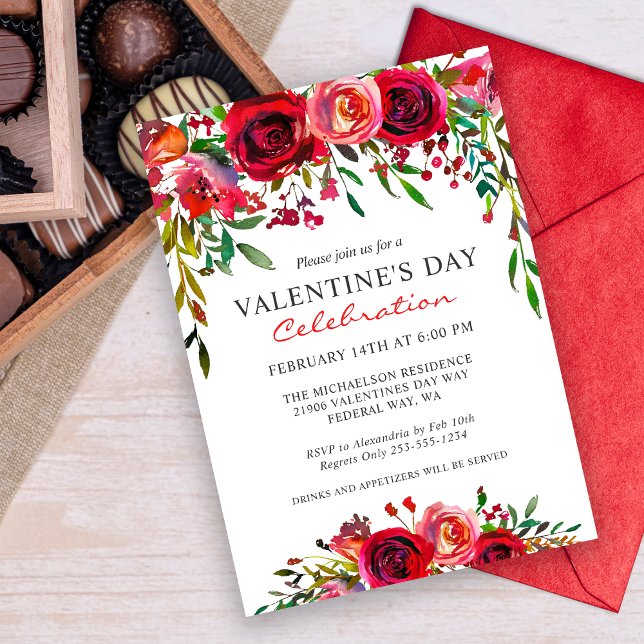 Romantic Valentine's Day Watercolor Floral Party Invitation (Valentine Party Invitation)