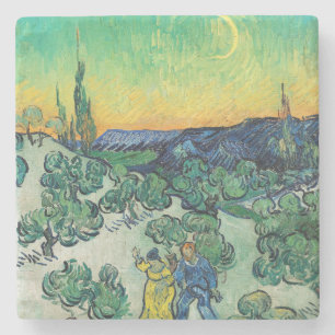 Romantic Van Gogh Couple Walking Under Moon Stone Coaster