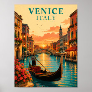 Romantic Venice Italy Sunset Gondola Vintage Poster