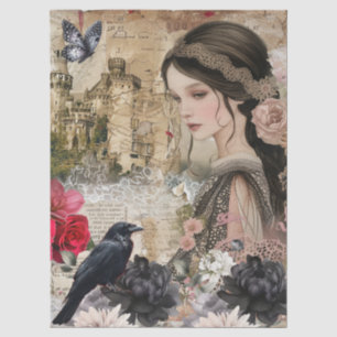 Romantic Victorian Girl & Raven Vintage Floral  Tissue Paper