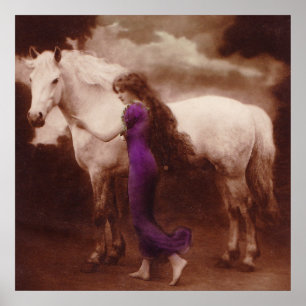 Romantic Victorian Girl with White Stallion Horse Poster