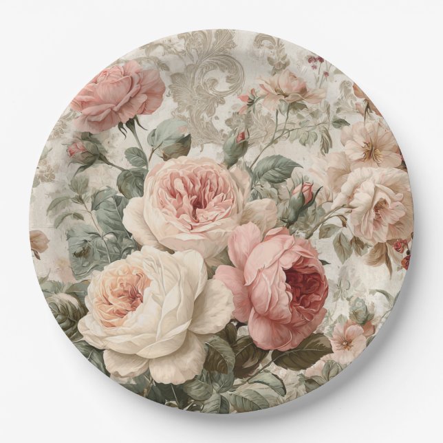 Romantic Victorian Rose Vintage Paper Plate (Front)