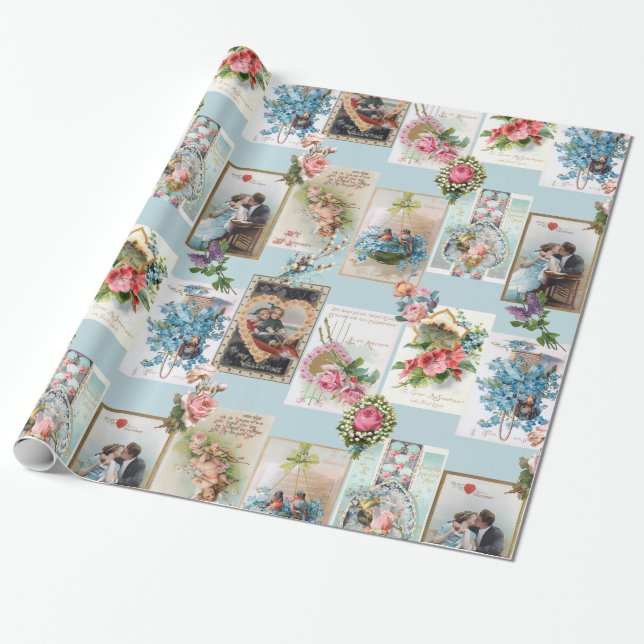 Romantic Victorian Valentine Cards Wrapping Paper (Unrolled)