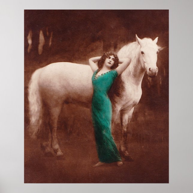 Romantic Victorian Women with White Stallion Horse Poster (Front)