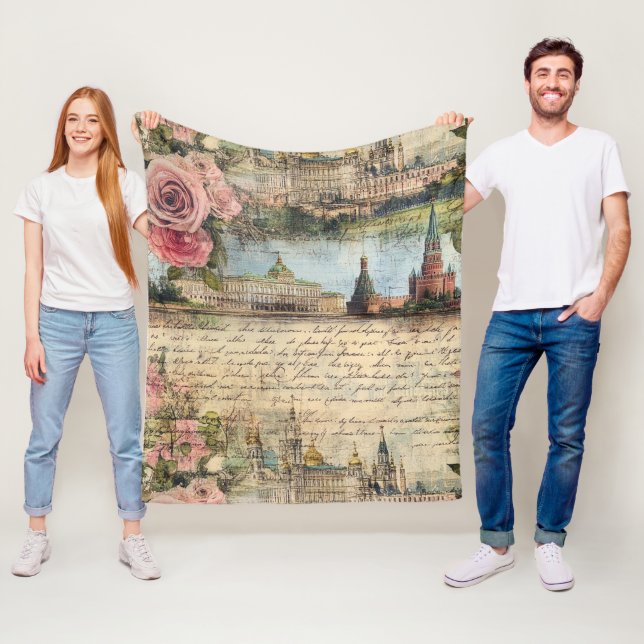 Romantic Vintage Architecture & Roses Collage Art Fleece Blanket (In Situ)