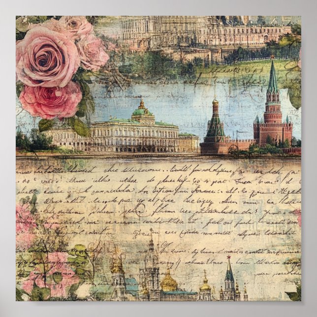 Romantic Vintage Architecture & Roses Collage Art Poster (Front)