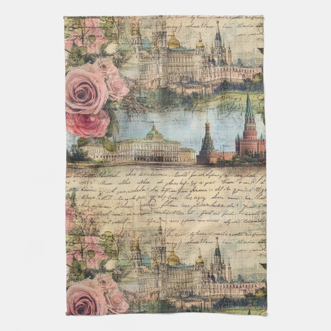 Romantic Vintage Architecture & Roses Collage Art Tea Towel (Vertical)