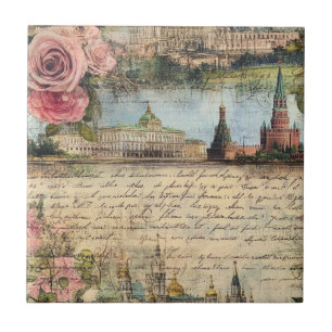 Romantic Vintage Architecture & Roses Collage Art Tile