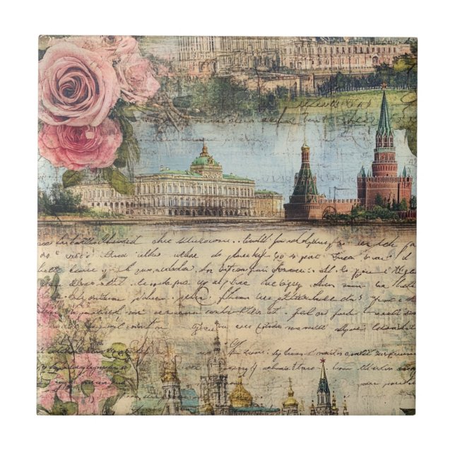 Romantic Vintage Architecture & Roses Collage Art Tile (Front)