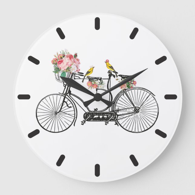 Romantic Vintage Bicycle Flowers & Birds Large Clock (Front)