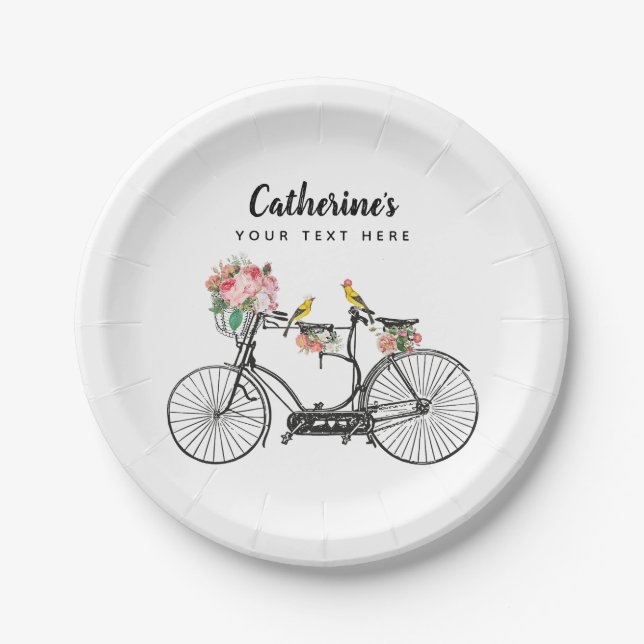 Romantic Vintage Bicycle Flowers Birds Paper Plate (Front)
