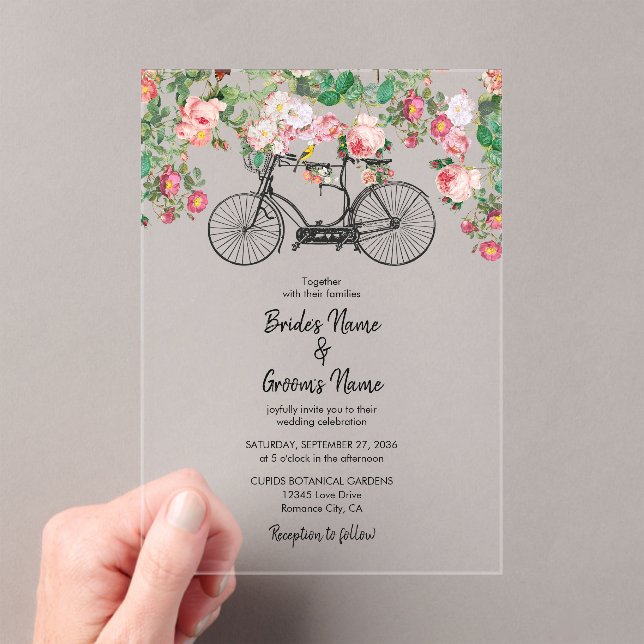 Romantic Vintage Bicycle Flowers & Birds Wedding Acrylic Invitations (Insitu (Handheld))