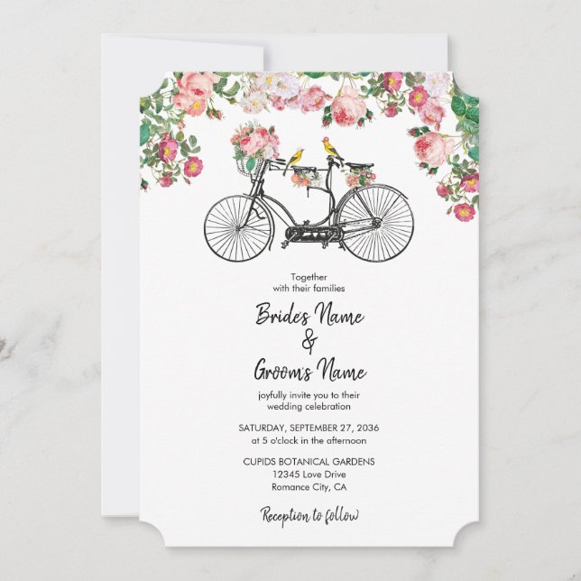 Romantic Vintage Bicycle Flowers & Birds Wedding Invitation (Front)
