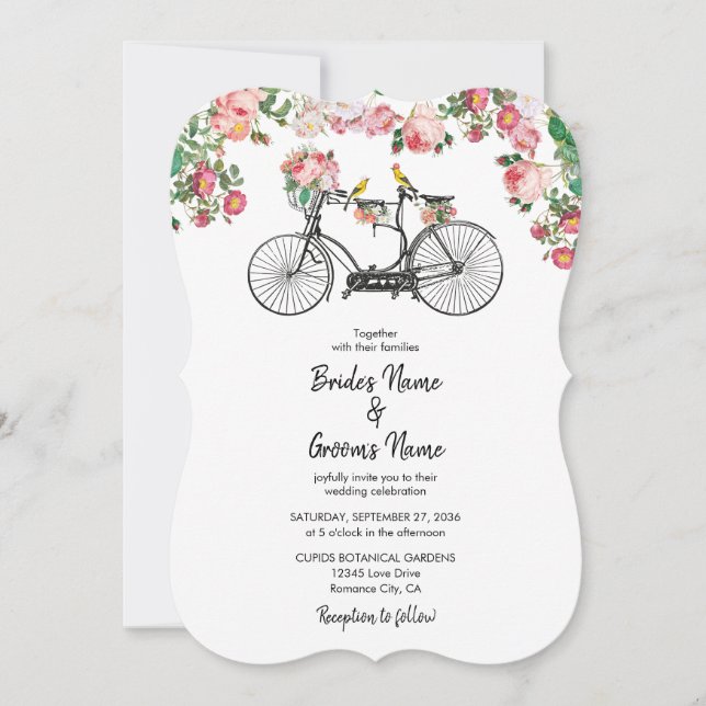 Romantic Vintage Bicycle Flowers & Birds Wedding Invitation (Front)