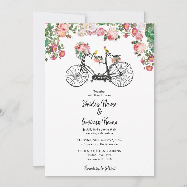Romantic Vintage Bicycle Flowers & Birds Wedding Invitation (Front)