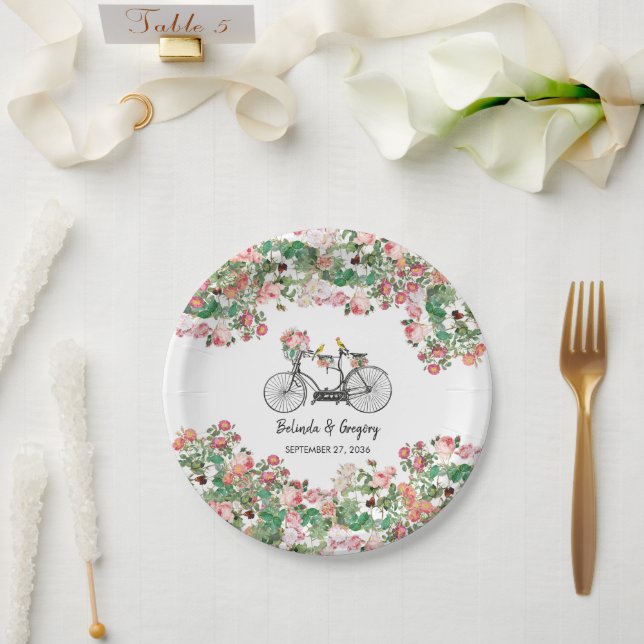 Romantic Vintage Bicycle Flowers & Birds Wedding  Paper Plate (Wedding)