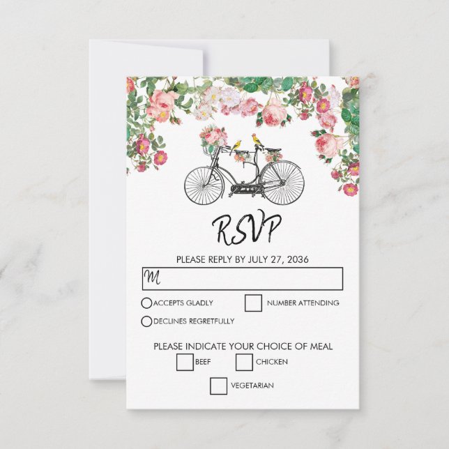 Romantic Vintage Bicycle Flowers & Birds Wedding  RSVP Card (Front)