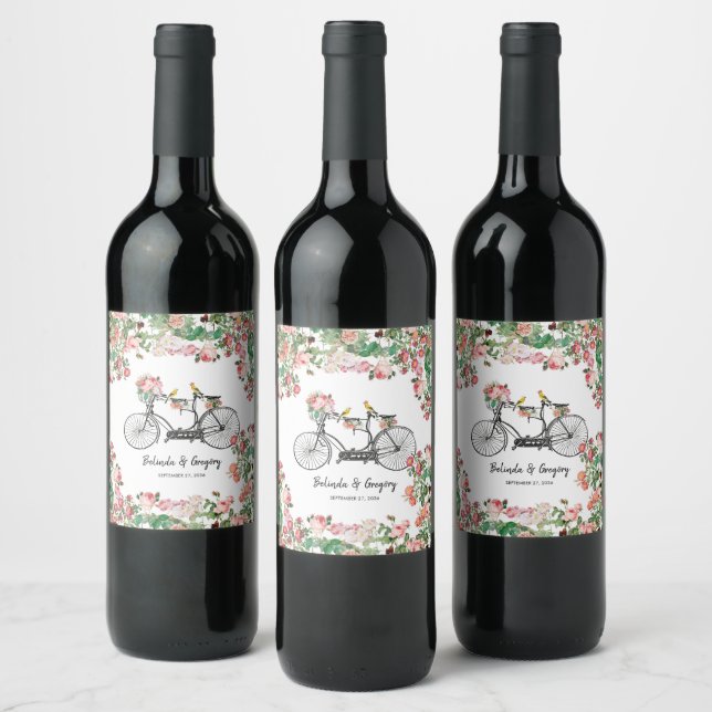 Romantic Vintage Bicycle Flowers & Birds Wedding Wine Label (Bottles)