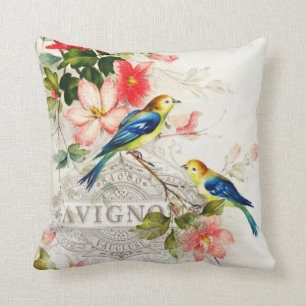 Romantic Vintage Birds White with French script Cushion