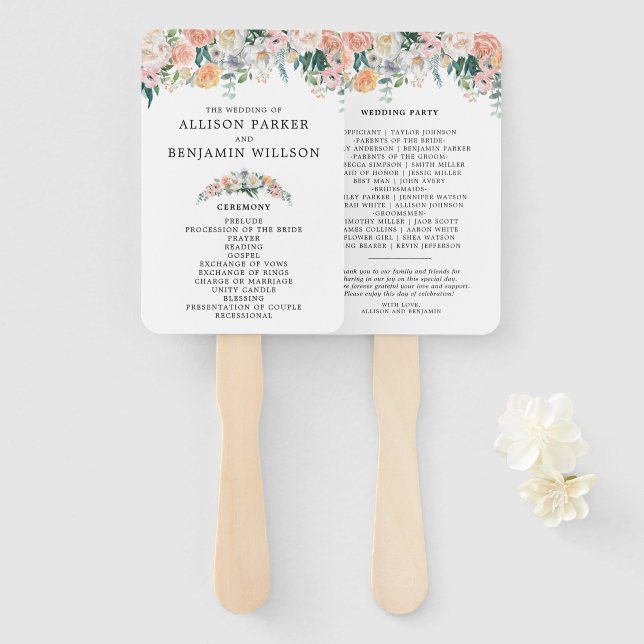 Romantic Vintage Blush Flowers Wedding Program Fan (Front and Back)