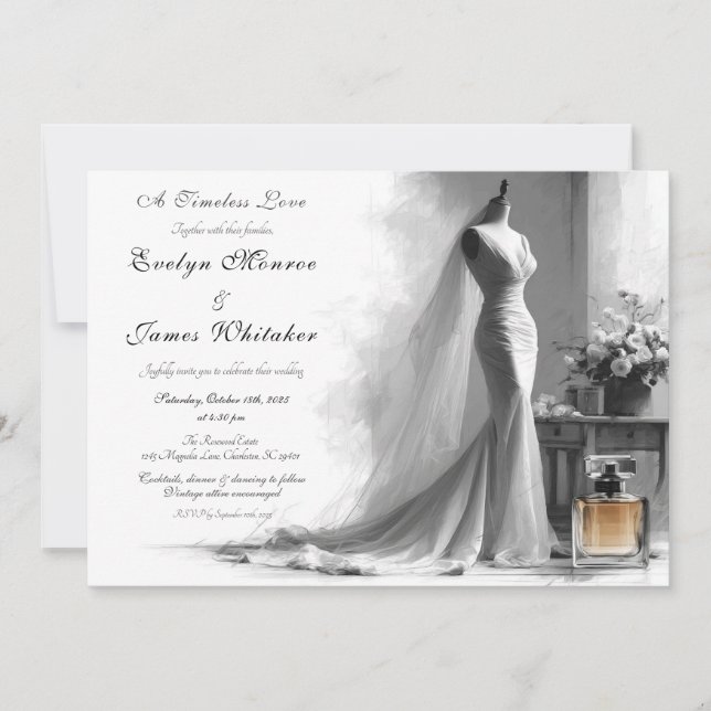 Romantic Vintage Bridal Sketch Wedding Invitation  (Front)
