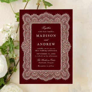 Romantic Vintage Burgundy Lace Wedding Invitation