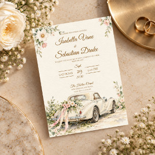 Romantic Vintage Car Floral Wedding Invitation