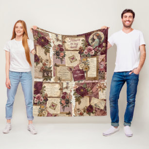 Romantic Vintage Collage – Love Letters, Floral Fleece Blanket