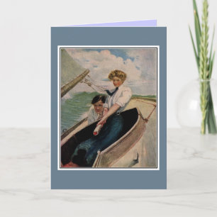 Romantic vintage couple, sailing holiday card