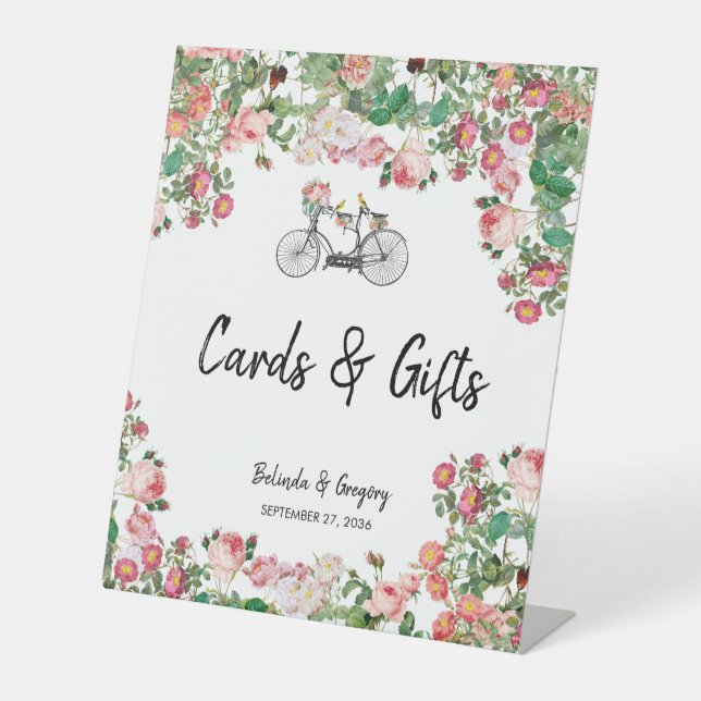 Romantic Vintage Flowers Wedding Cards Gifts Pedestal Sign (Front)