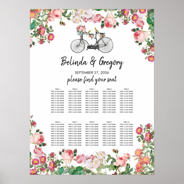 Romantic Vintage Flowers Wedding Seating Chart (Front)