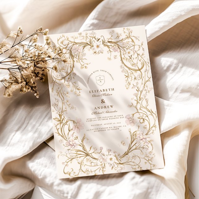 Romantic Vintage Gold Floral Frame Wedding Invitation (Creator Uploaded)