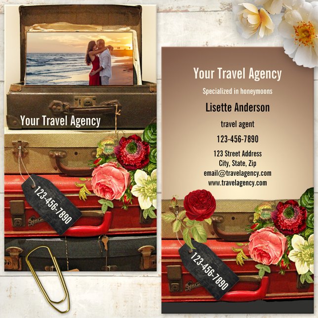 Romantic Vintage Honeymoon Travel Business Card (Romantic travel business card featuring vintage suitcases with roses and a custom photo)