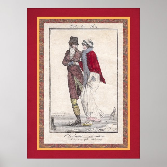 Romantic Vintage Ice Skating Antique Engraving Poster (Front)