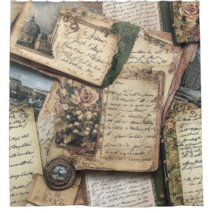 Romantic Vintage Letter Collage with Roses Shower Curtain