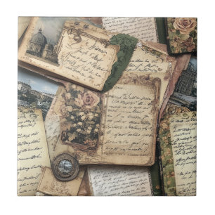 Romantic Vintage Letter Collage with Roses Tile