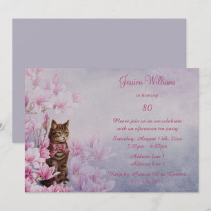 Romantic Vintage Magnolia & Kitten 80th Birthday Invitation