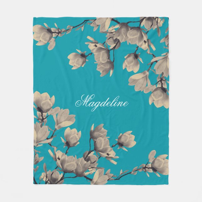 Romantic Vintage Magnolias Teal Fleece Blanket (Front)