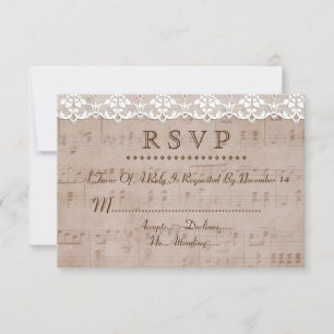Romantic Vintage Music Sheet & Lace Wedding RSVP Card