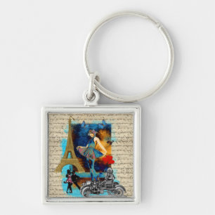 Romantic vintage Paris collage Key Ring
