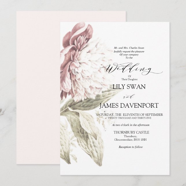 Romantic Vintage Peony Wedding  Invitation (Front/Back)