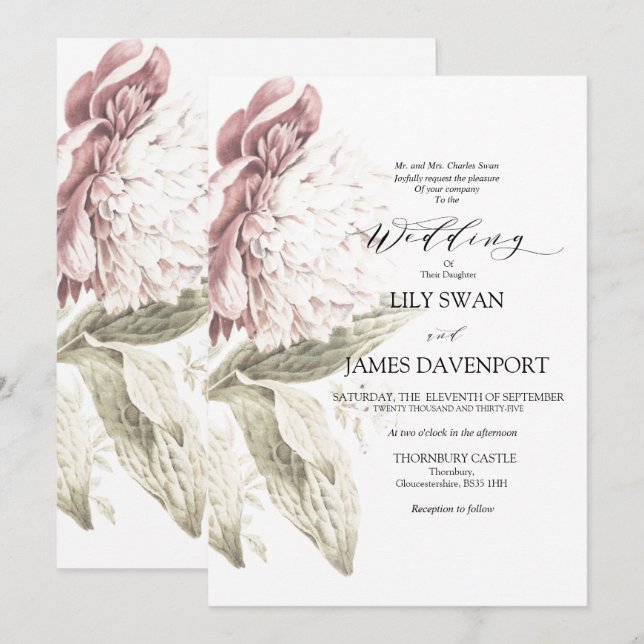 Romantic Vintage Peony Wedding Invitation (Front/Back)
