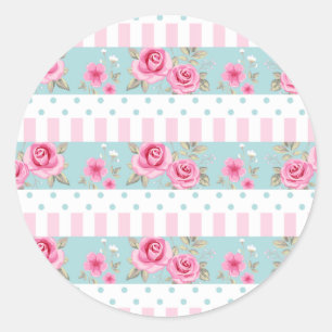 Romantic Vintage Pink & Mint Floral Roses Pattern Classic Round Sticker