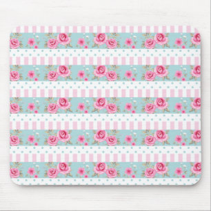 Romantic Vintage Pink & Mint Floral Roses Pattern Mouse Mat