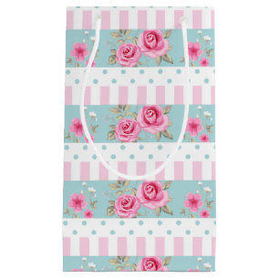 Romantic Vintage Pink & Mint Floral Roses Pattern Small Gift Bag