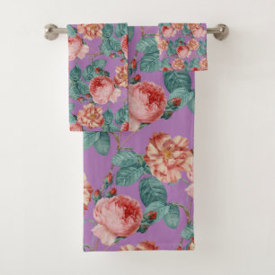 Romantic Vintage Pink Roses on Lavender Blue Bath Towel Set