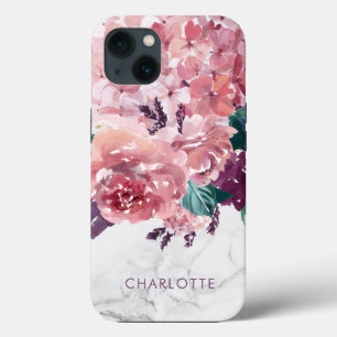 Romantic Vintage Pink Watercolor Floral Marble iPhone 13 Case