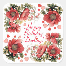 Romantic Vintage Poppies and Hearts Birthday