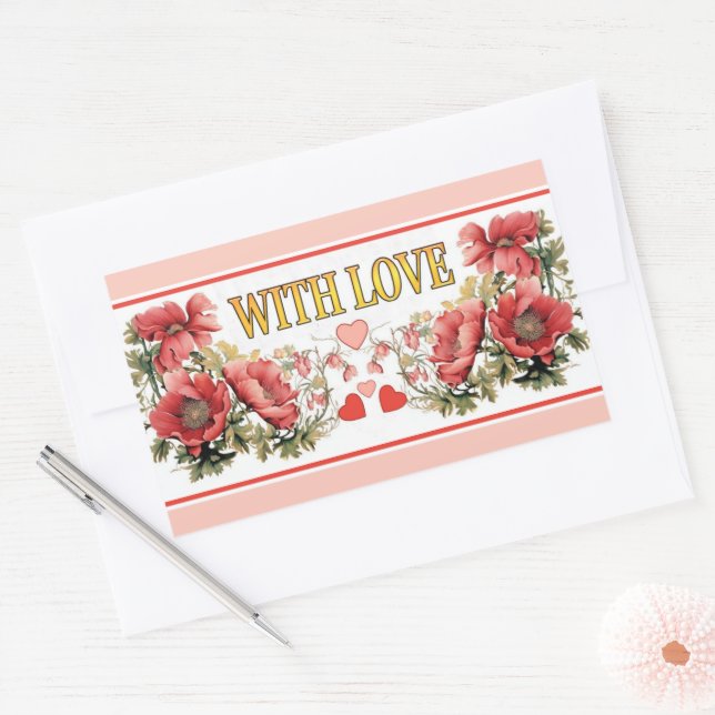 Romantic Vintage Poppies and Hearts Sticker (Envelope)